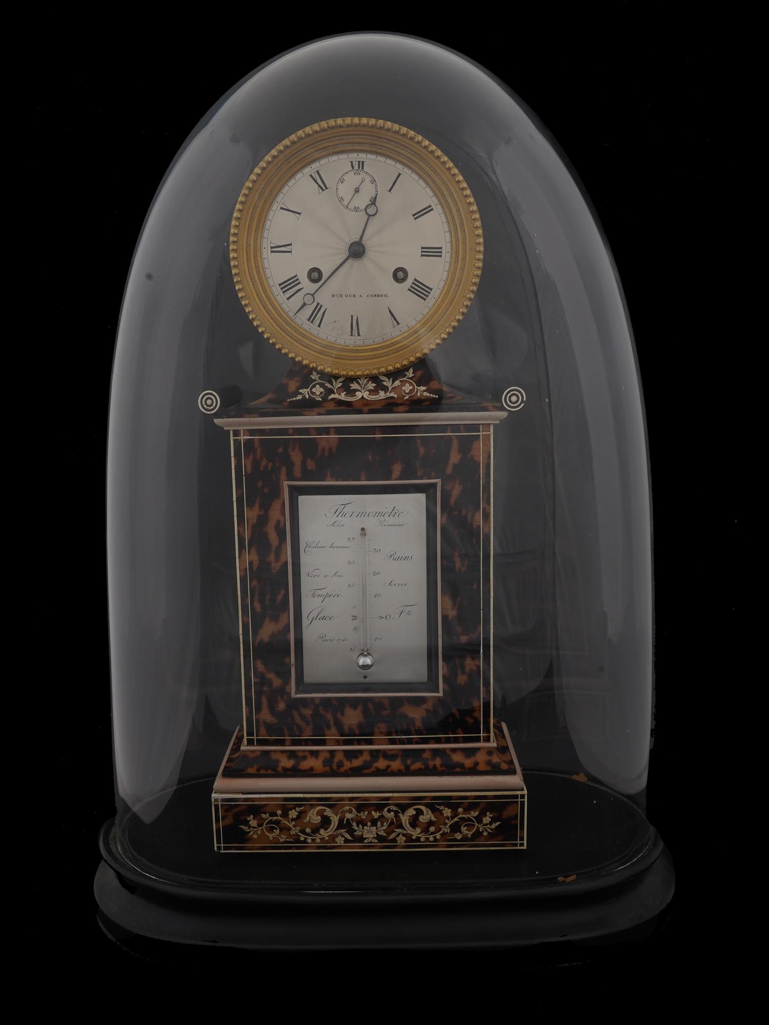 ANTIQUE FRENCH SHELL CLOCK UNDER GLASS DOME PIC-0